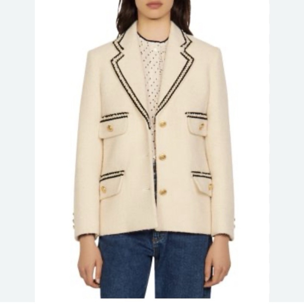 Sandro
Tweed Tailored Jacket Chic Cream Blazer with Black Accents FR38 US8